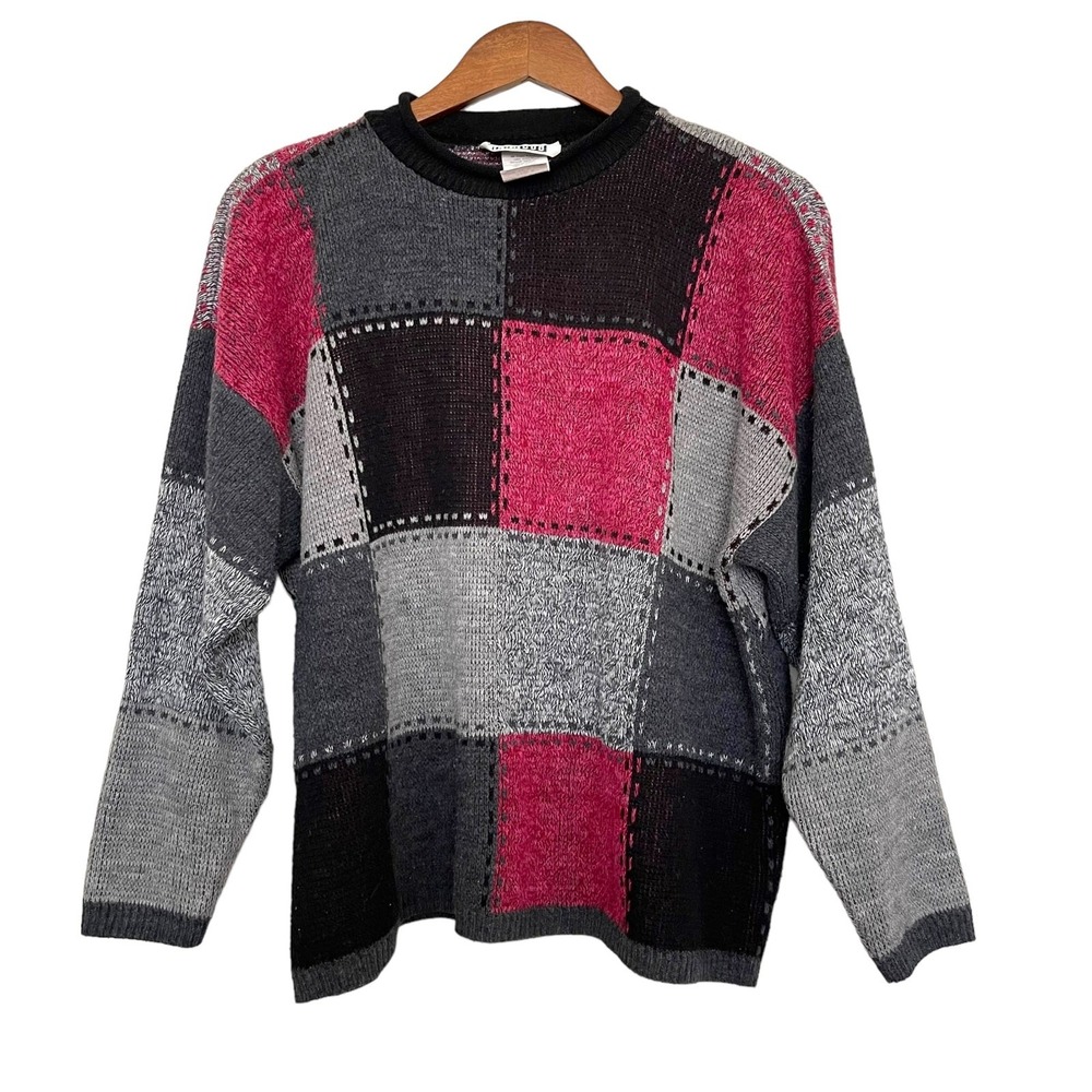 Vintage Cos Cob Women Sweater M Charcoal Pink Patchwork 90s Grannycore USA